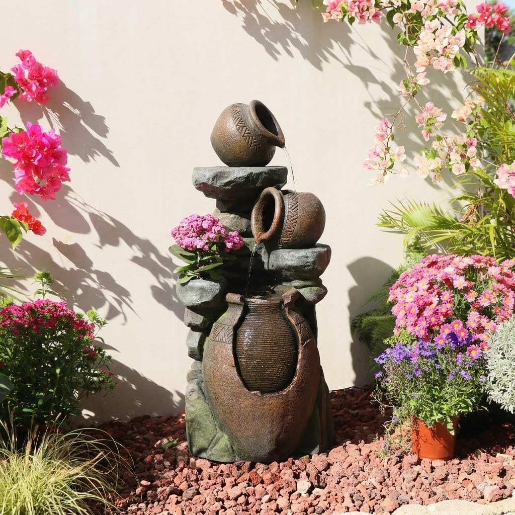 Rustic Jar Outdoor Water Fountain with Planter 38.5' Large Tiered Waterfall with Warm LED Lights, Handcrafted Resin Fountain for Zen Garden, Deck & Indoor Home Decor