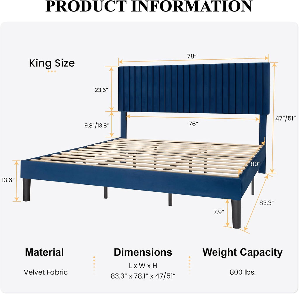 SHA CERLIN King Upholstered Platform Bed Frame with Vertical Channel Tufted Velvet Fabric Adjustable Headboard, Wooden Slats Support, Mattress Foundation, Box Spring Optional, Blue