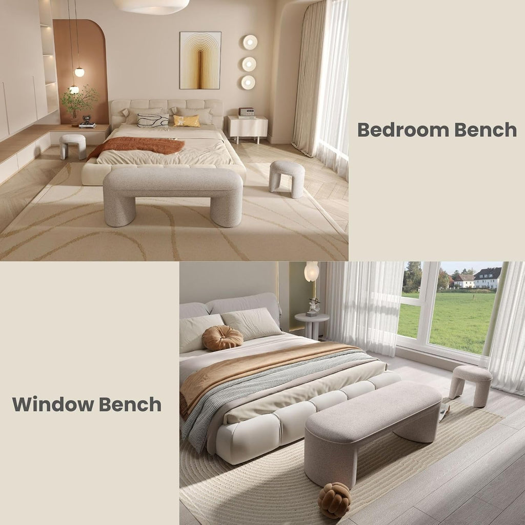 53' Upholstered End of Bed Bench with 2 Nesting Ottoman Stools, Modern Chenille Bedroom Bench for King/Queen Bed, Arched Vanity Entryway Bench Seat for Living Room, Oatmeal