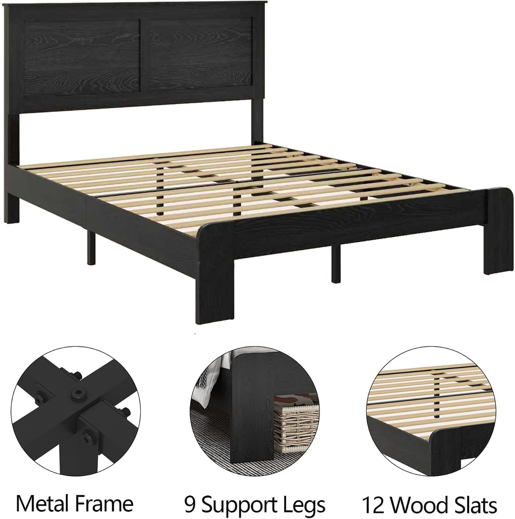 NNOOTK Full Size Bed Frame, Rustic Vintage Platform Bed Frame with Wood Headboard and Footboard, 12 Wood Slats Support, No Box Spring Needed (Black, Full)