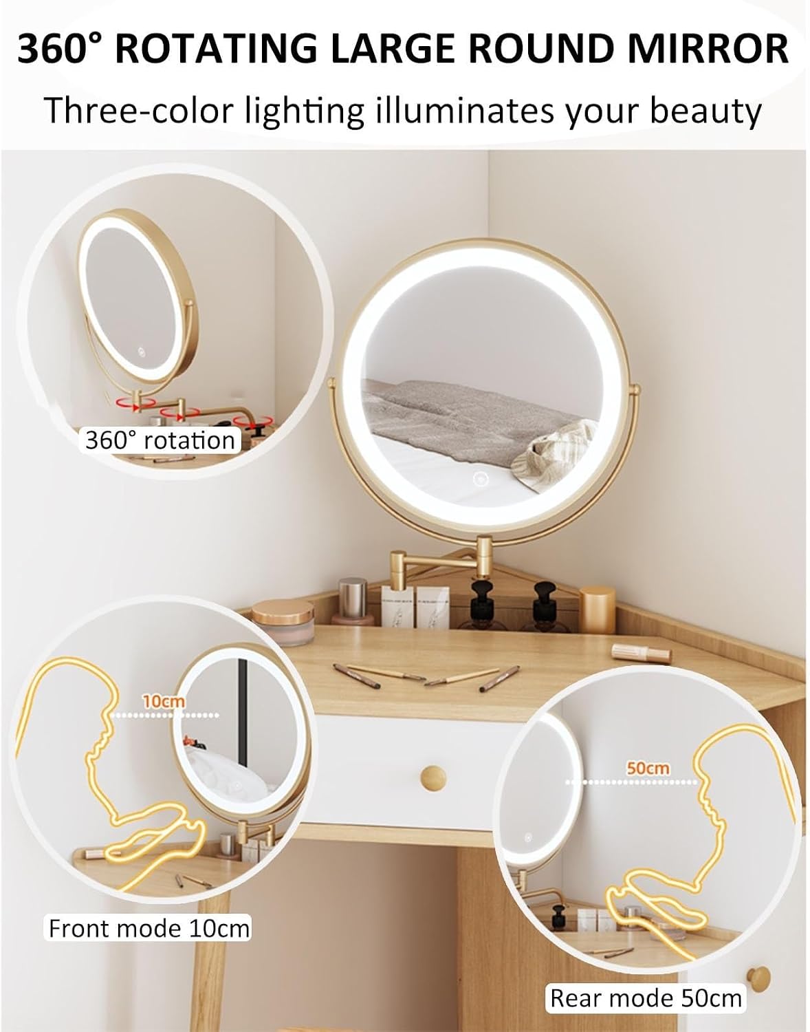 Corner Vanity Desk Set Wood Dressing Table with Drawer & Open Shelves Makeup Table for Small Room Solid Construction(Brown,50cm Without Mirror)