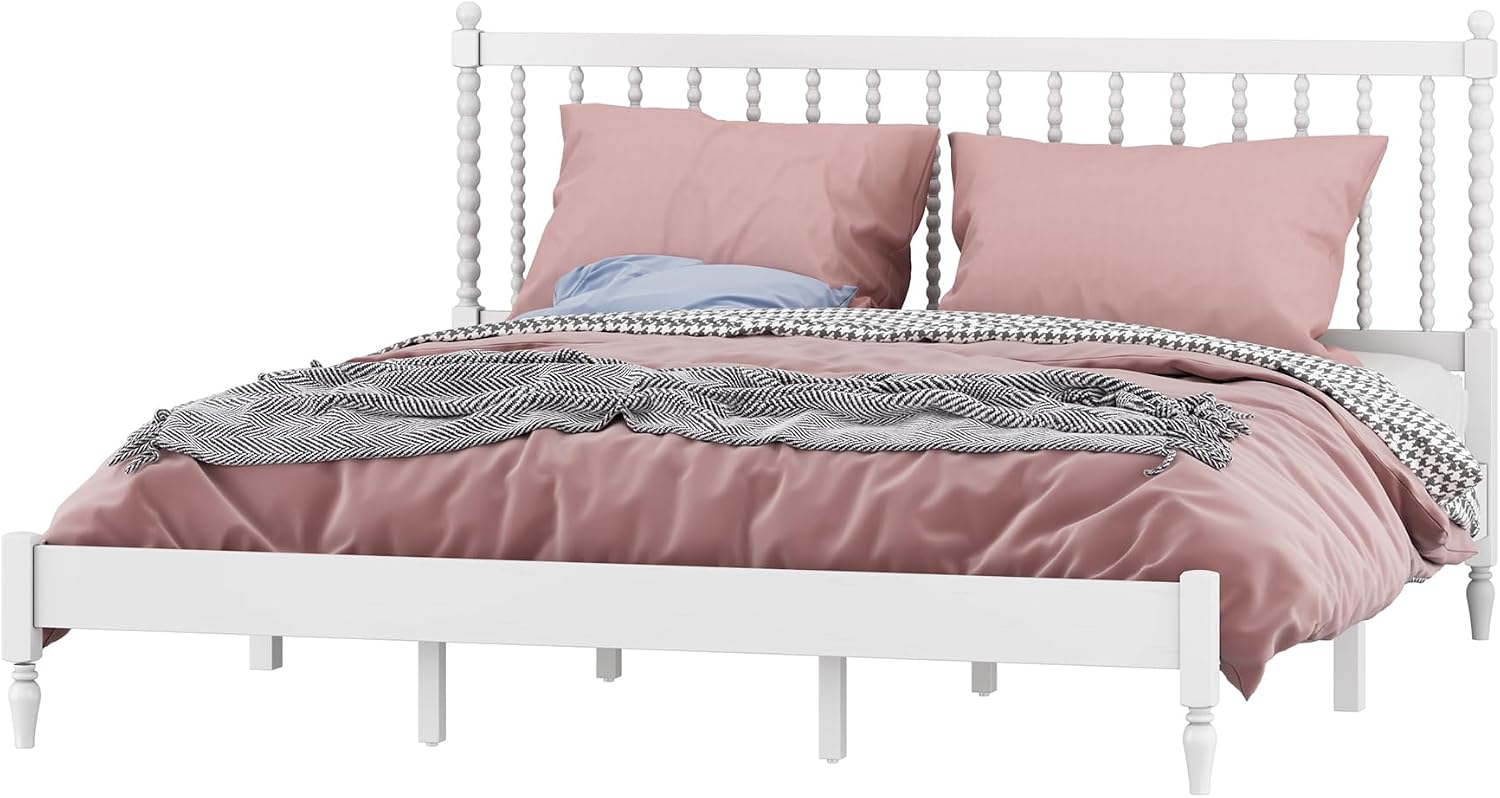 3 s Bedroom Sets King Size Wood Platform Bed with Gourd Shaped Headboard, Antique White