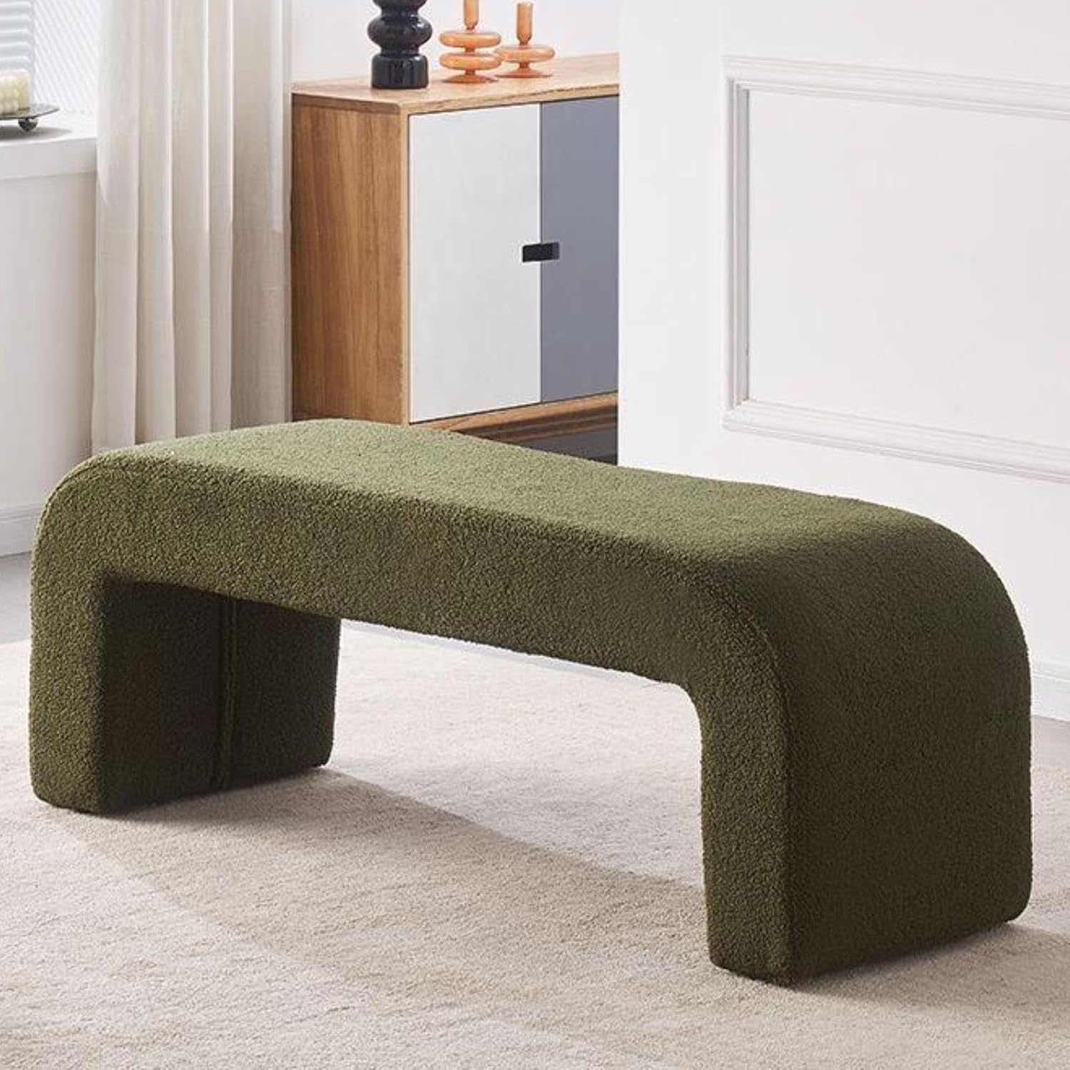 Dark Green,Small, Fuzzy Sherpa Upholstered Ottoman Bench, Ottoman Bench End of Bed, Modern Upholstered Bench, Modern Fabric Arched Bench, Vanity Bench Stools for Living Room Bedroom Entryway