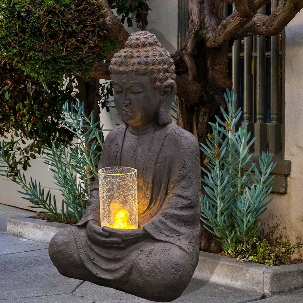 24' H Buddha Water Fountain Sitting Buddha Zen Fountain with Glass Cover and LED Light Meditation Indoor/Outdoor Decor for Garden Patio Yard Home Lawn