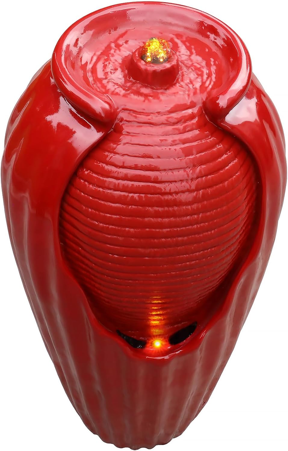 Teamson Home Glazed Vase Floor Freestanding Water Fountain with LED Lights and Pump for Outdoor Patio Backyard Deck Plant Garden Décor, 32 Inch Height, Red