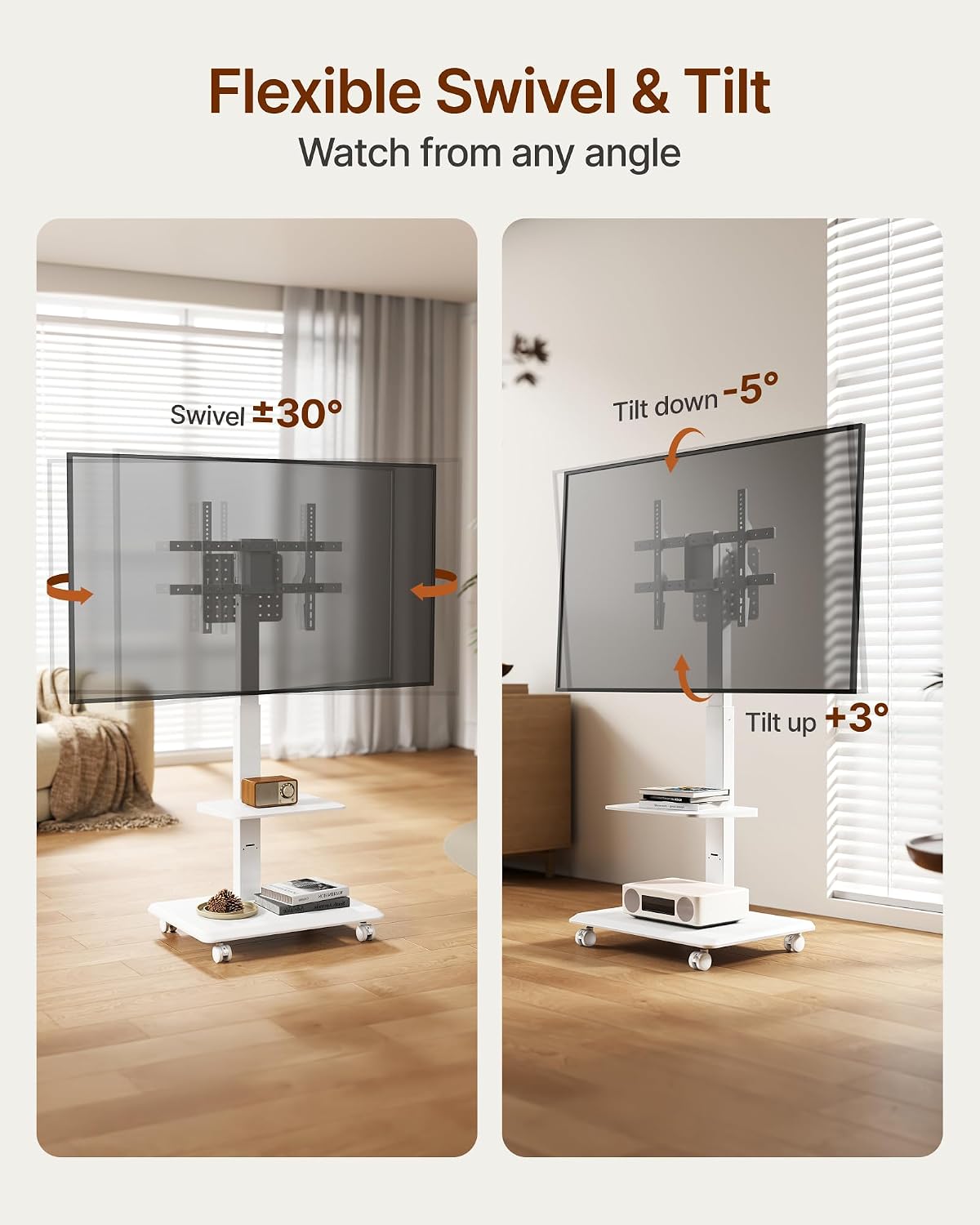 Steel Base Rolling TV Stand for 37-86 Inch TVs up to 110 lbs, Rotating & Tilt & Swivel Mobile TV Stand with Pegboard Storage Panel, Height Adjustable Portable TV Cart with Steel Shelf, White