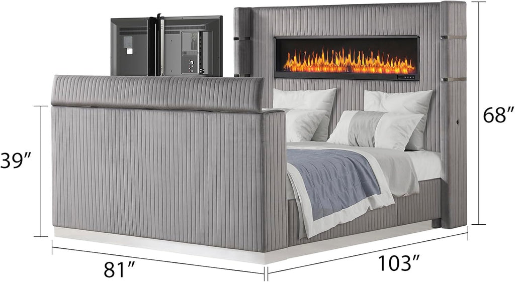 Lavish Modern Style 5 Pc King Bedroom Set Made with Fireplace in Headboard TV Stand in Footboard with Wood in Grey