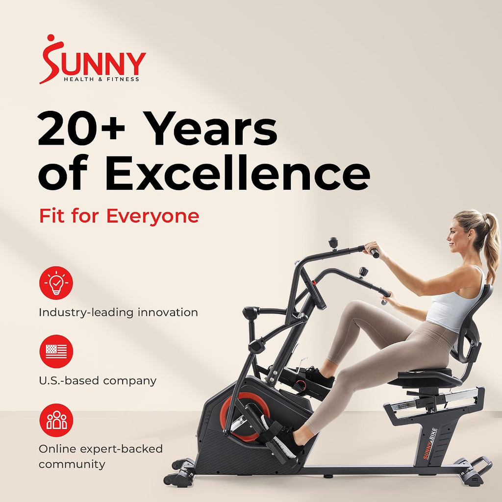 Sunny Health & Fitness Elite Recumbent Cross Trainer & Elliptical Machine with Arm Exercisers for Home Arm/Leg Training, Easy Adjust Seat & Mesh Backrest, Free SunnyFit App Bluetooth Connectivity
