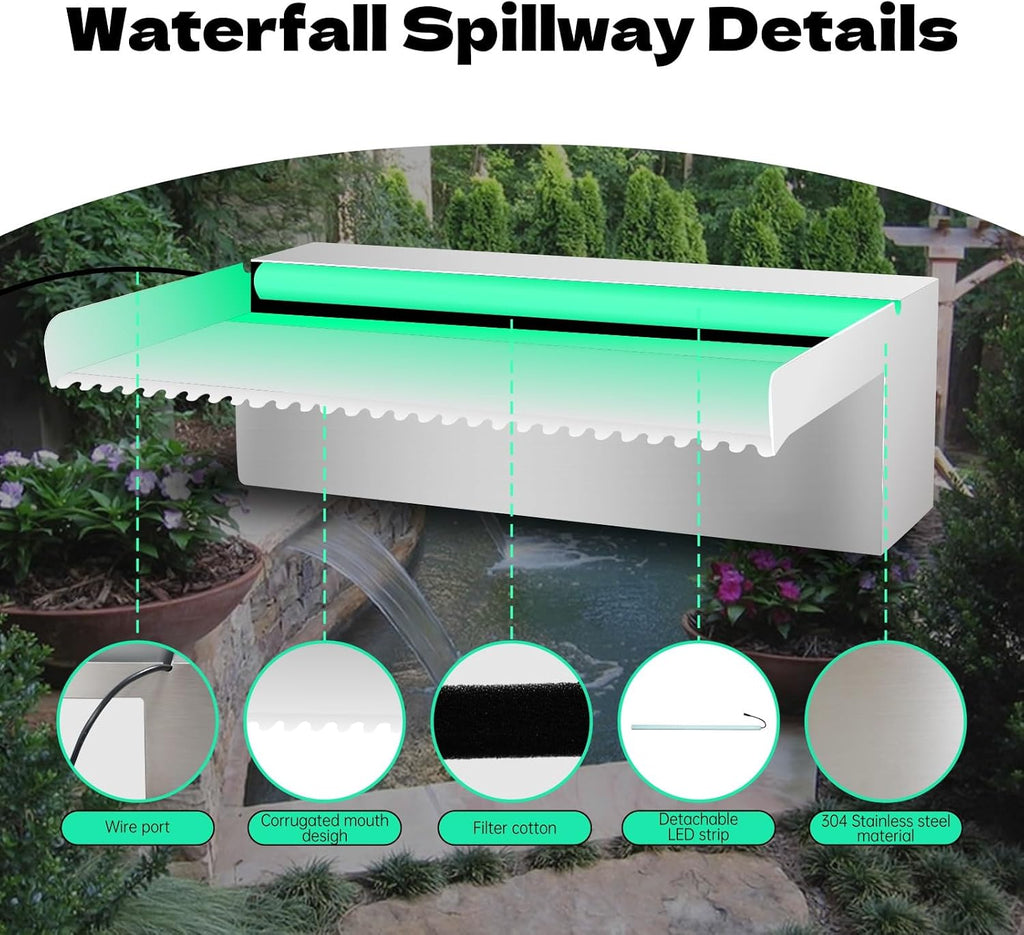 Waterfall Spillway Stainless Steel Pond Waterfalls with Color Changing LED Light, Outdoor Pool Fountain Water Feature Kit for Garden Patio Swimming Pool Koi Ponds Decor-36'x8'x4'