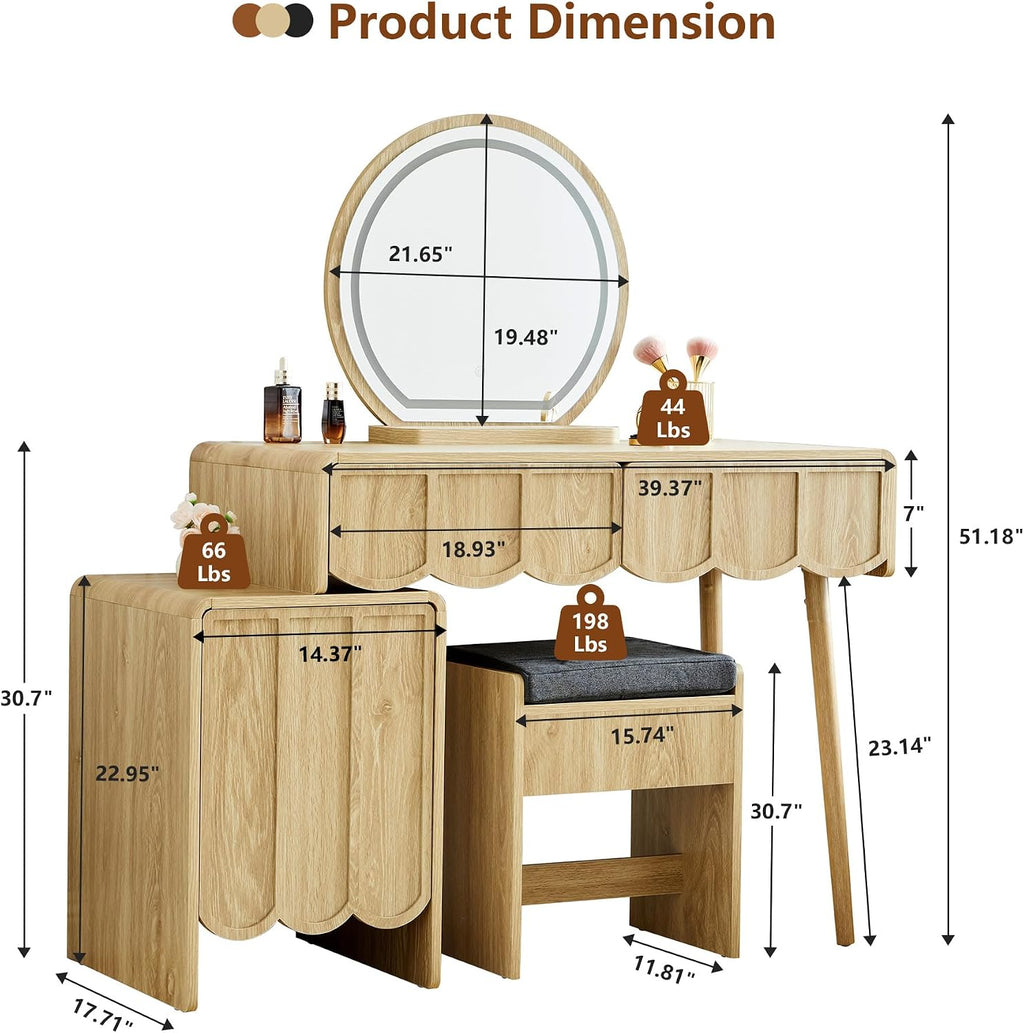 ORRD Vanity Desk with Mirror and Lights, Modern Wood Wave Panel Vanity Desk Set Makeup Table with Drawers and Cabinet, Dressing Table with Storage for Bedroom, Natural