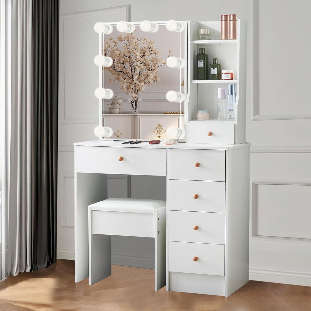 Vanity Mirror with Lights Desk and Chair, 5 Drawers and Cabinet, Makeup Table with Large HD Mirror Makeup Desk, 3 Lighting Modes, White Makeup Table with Stool