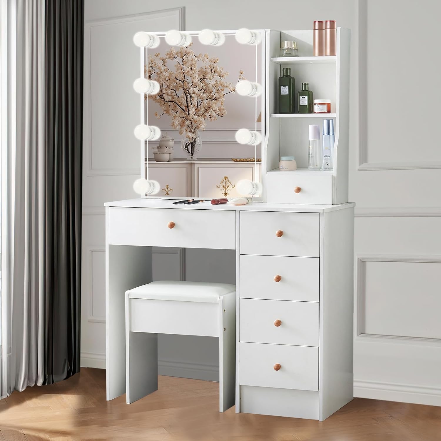 Vanity Mirror with Lights Desk and Chair, 5 Drawers and Cabinet, Makeup Table with Large HD Mirror Makeup Desk, 3 Lighting Modes, White Makeup Table with Stool