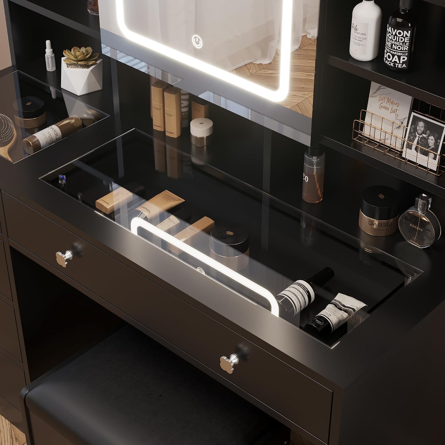 Karl home Makeup Vanity with Lighted Mirror Bedroom Vanity Desk with Charging Station Large Vanity Set with Transparent Desk, Drawers, Cabinet, Shelves for Storage in Bedroom, Black