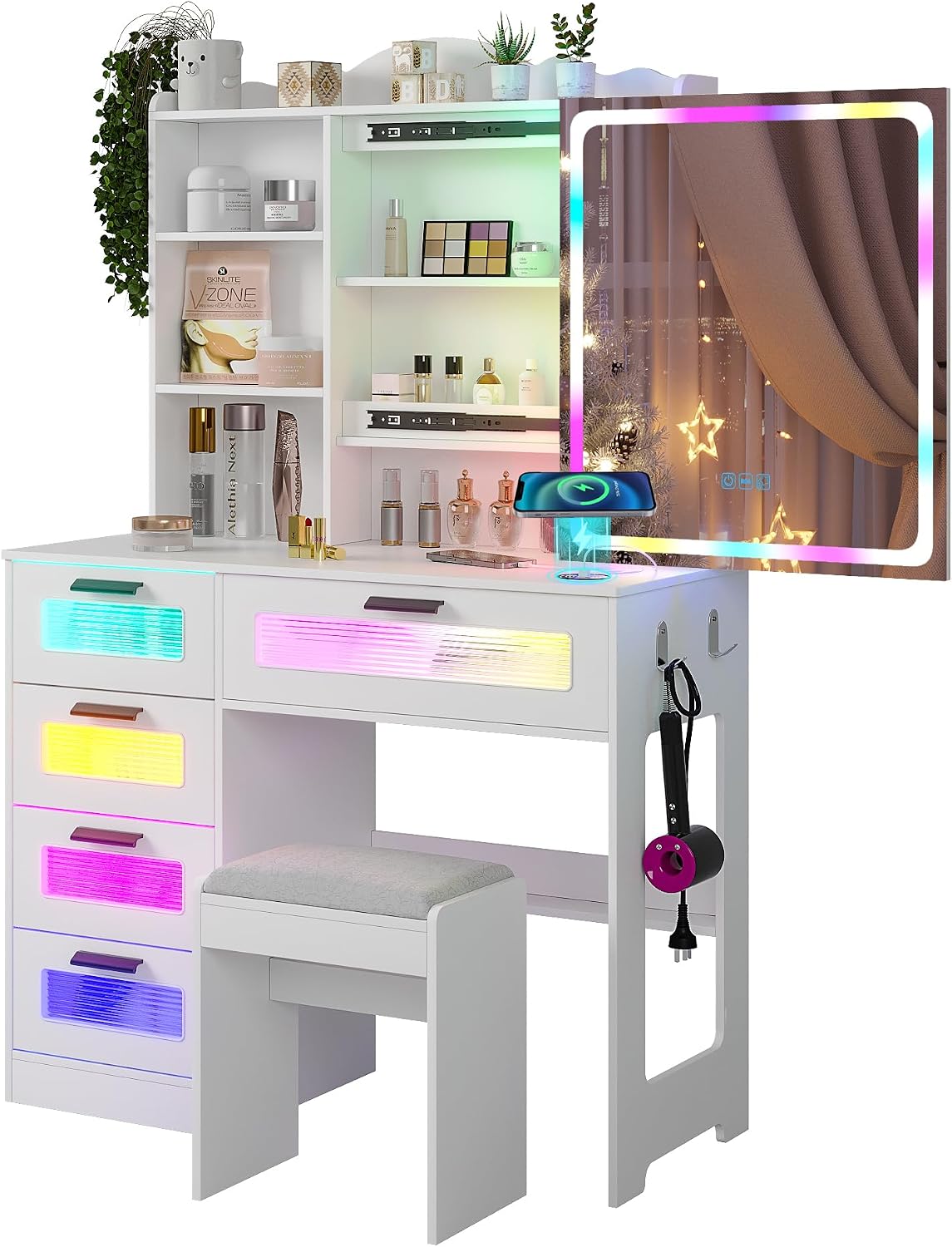 WOOVIVS Vanity with LED Mirror, 6 Drawer Dresser with Charging Station for Bedroom, Small Makeup Vanitys Table with RGB Light, Vanity Set with Chair,Jewelry Organizer for Girls-White