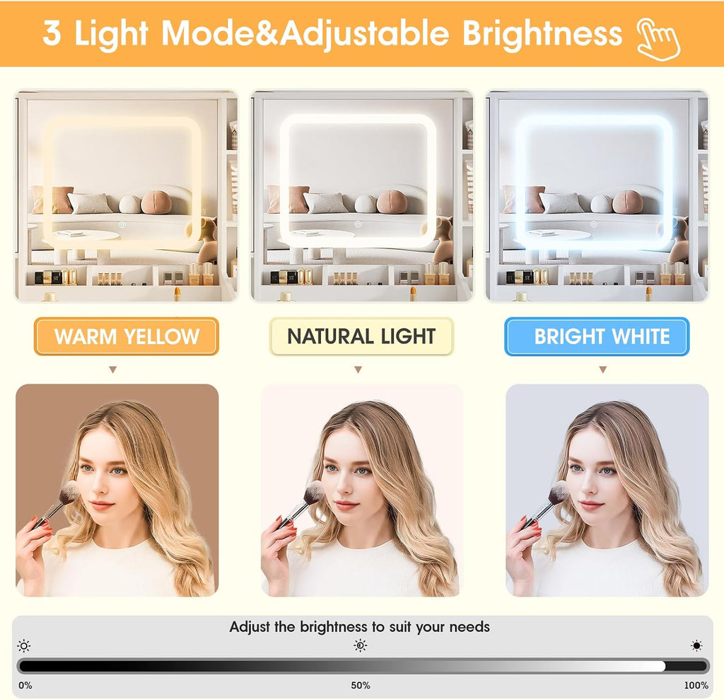 44.5' W Large Vanity Desk with Mirror,Cushioned Stool Makeup Vanity Table Set with Adjustable LED Lights and Power Outlet,Storage Drawers,Shelves for Bedroom Dressing Room White