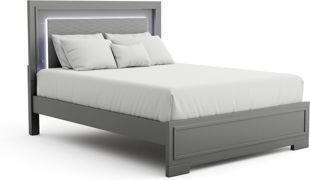 Furniture of America Verdant Modern Wood 3-Piece Bedroom Set with LED Lights in Headboard and Center Metal Glides, No Box Spring Required for Bedroom, Full, Metallic Gray