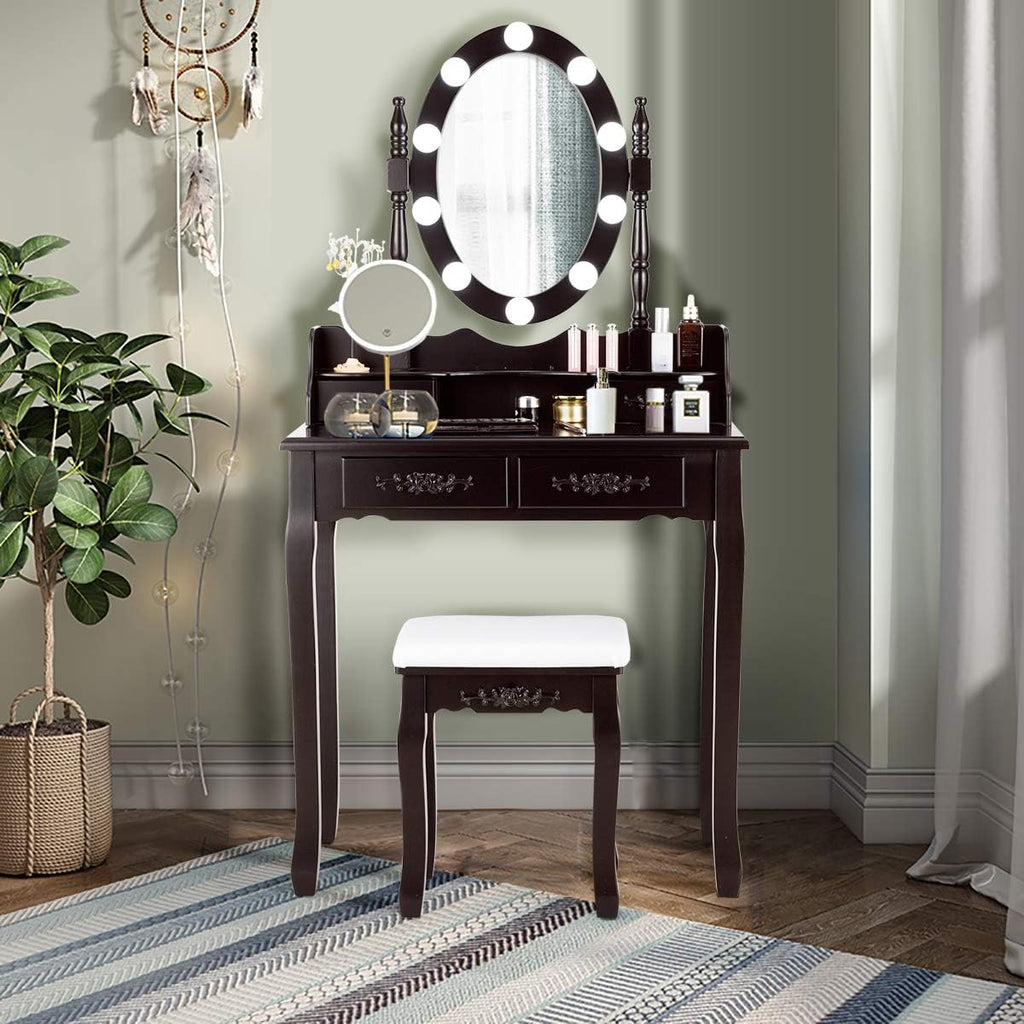 DORTALA Vanity Table Set, Makeup Dressing Table with 10 Dimmable Bulbs Lighted Mirror & 4 Drawers, Cushioned Stool, Solid Wood Leg, Classic Dressing Table Set for Home, Salon, Brown