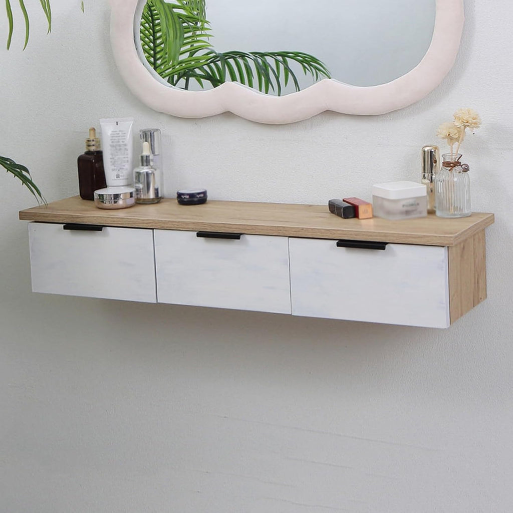 80cm Floating Vanity Makeup Table with 3 Drawers, Wall-Mounted Wood Makeup Desk, Modern Corner Space-Saving Desk or Nightstand, for Bedroom(B)