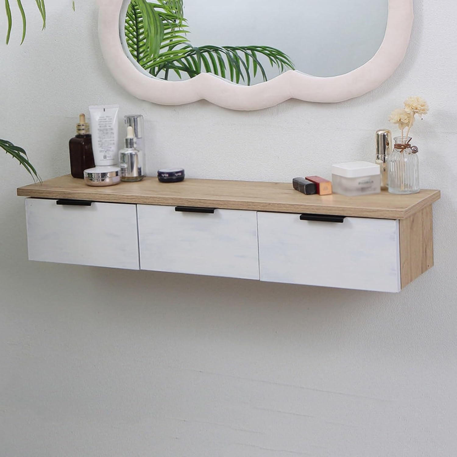 80cm Floating Vanity Makeup Table with 3 Drawers, Wall-Mounted Wood Makeup Desk, Modern Corner Space-Saving Desk or Nightstand, for Bedroom(B)