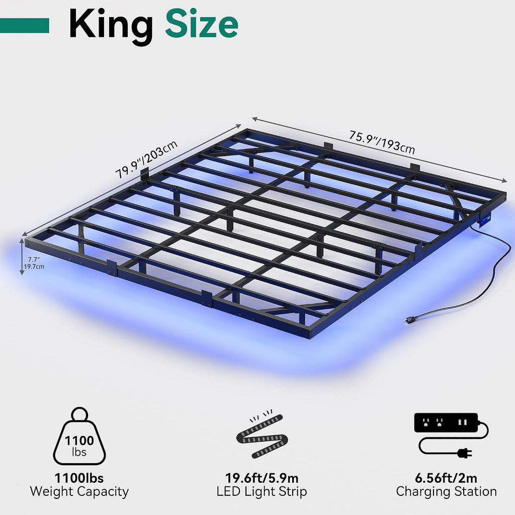 YITAHOME Floating Bed Frame King Size,Floating Bed with LED Lights & Charging Station, Metal Platform Bed Frame with Heavy Duty Steel Slats, No Box Spring Needed, Black
