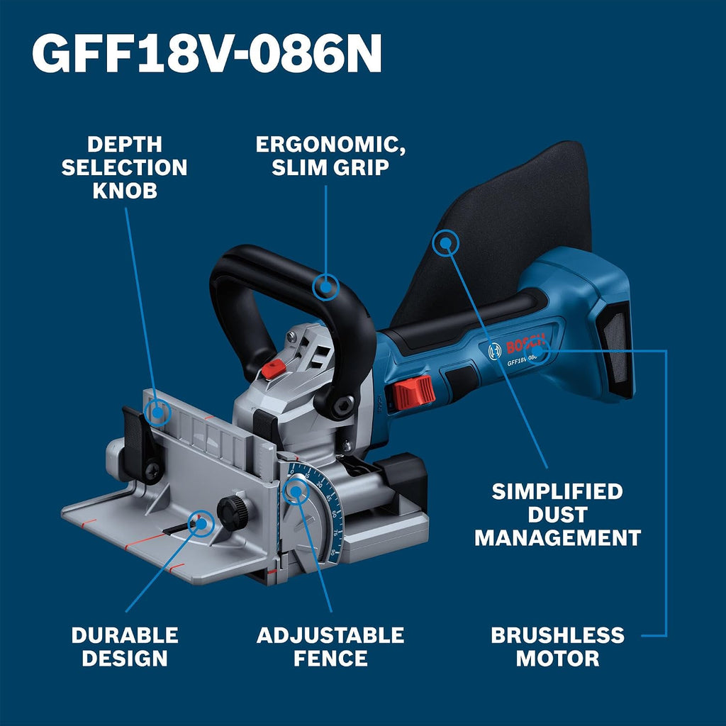 BOSCH GFF18V-086N 18V Brushless Biscuit Joiner - Cordless Woodworking Tool for Accurate Joints, Adjustable Cutting Depth, Dust Extraction Port, Ergonomic Design for Cabinetry & Furniture Making