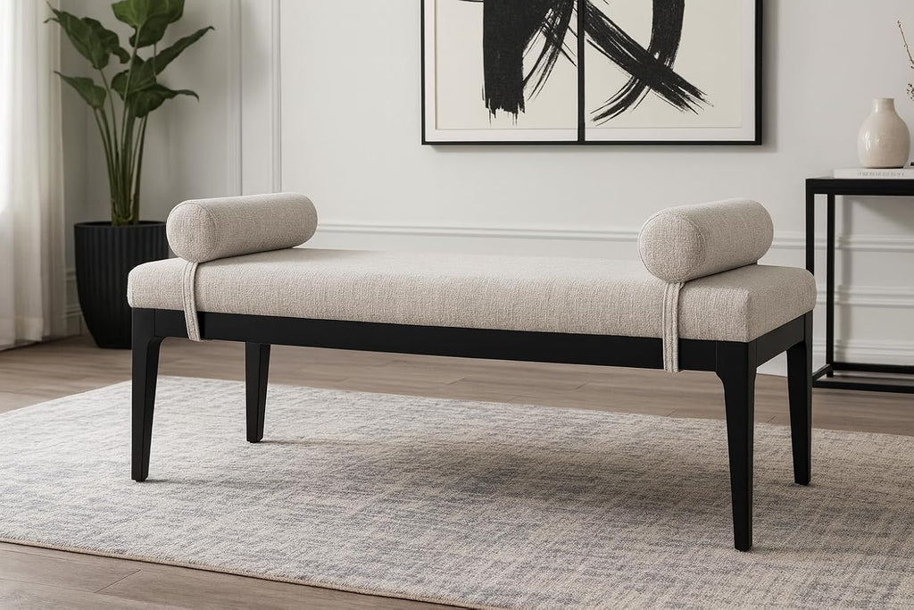 Meridian Furniture 22073Grey Priscilla Collection Art Deco Bench with Rich Linen Textured Interwoven Polyester Fabric, Light Beige Weave, Finished Solid Wood, 52' W x 22' D x 23.5' H, Grey