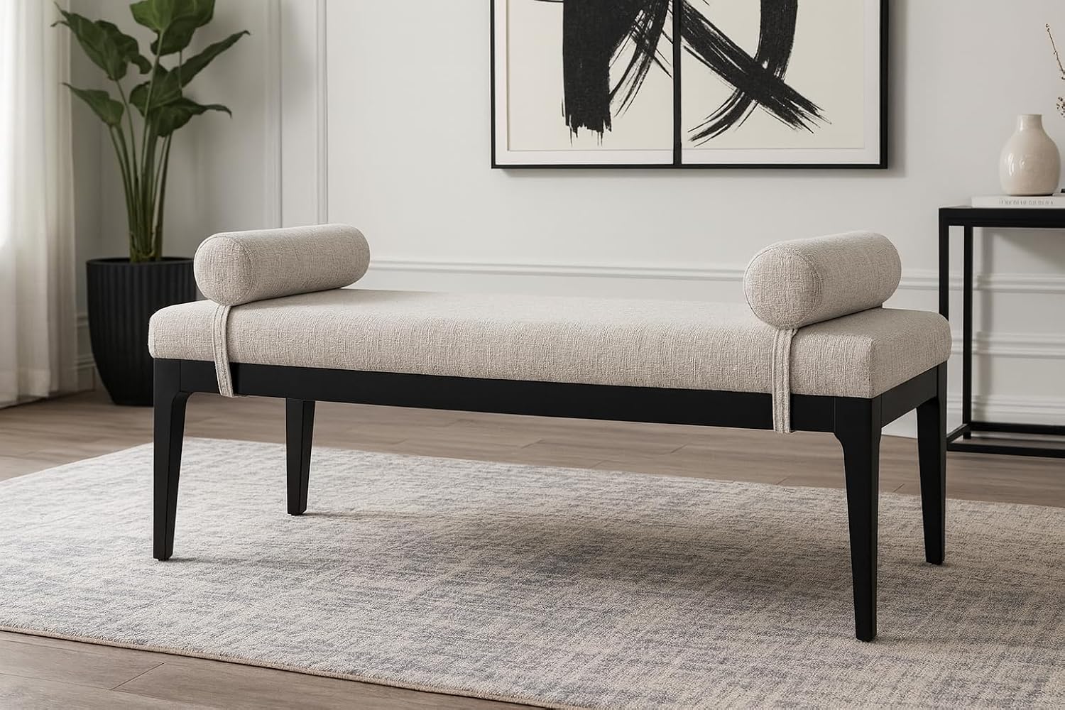 Meridian Furniture 22073Grey Priscilla Collection Art Deco Bench with Rich Linen Textured Interwoven Polyester Fabric, Light Beige Weave, Finished Solid Wood, 52' W x 22' D x 23.5' H, Grey