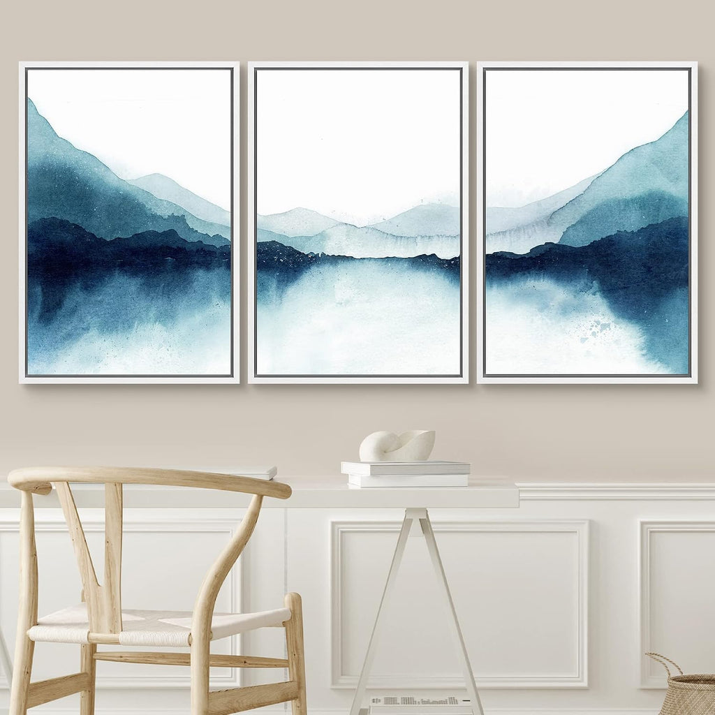 SIGNWIN Framed Canvas Print Wall Art Set Teal Duotone Mountain Lake Reflection Nature Wilderness Illustrations Modern Art Decorative Scenic Rustic for Living Room, Bedroom, Office - 24'x36'x3 White
