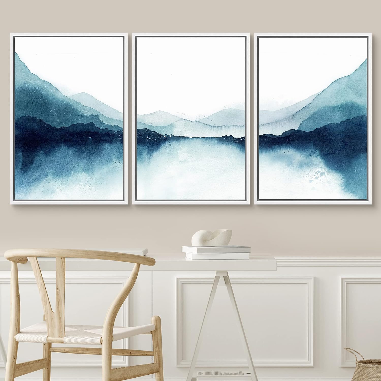 SIGNWIN Framed Canvas Print Wall Art Set Teal Duotone Mountain Lake Reflection Nature Wilderness Illustrations Modern Art Decorative Scenic Rustic for Living Room, Bedroom, Office - 24'x36'x3 White
