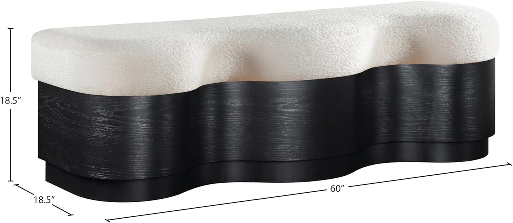 Meridian Furniture 22081Cream Savoy Collection Art Deco Bench with Soft Cream Velour Fur Fabric, Rich Black Finish, Mix of Solid Wood & MDF, 60' W x 18.5' D x 18.5' H, Cream