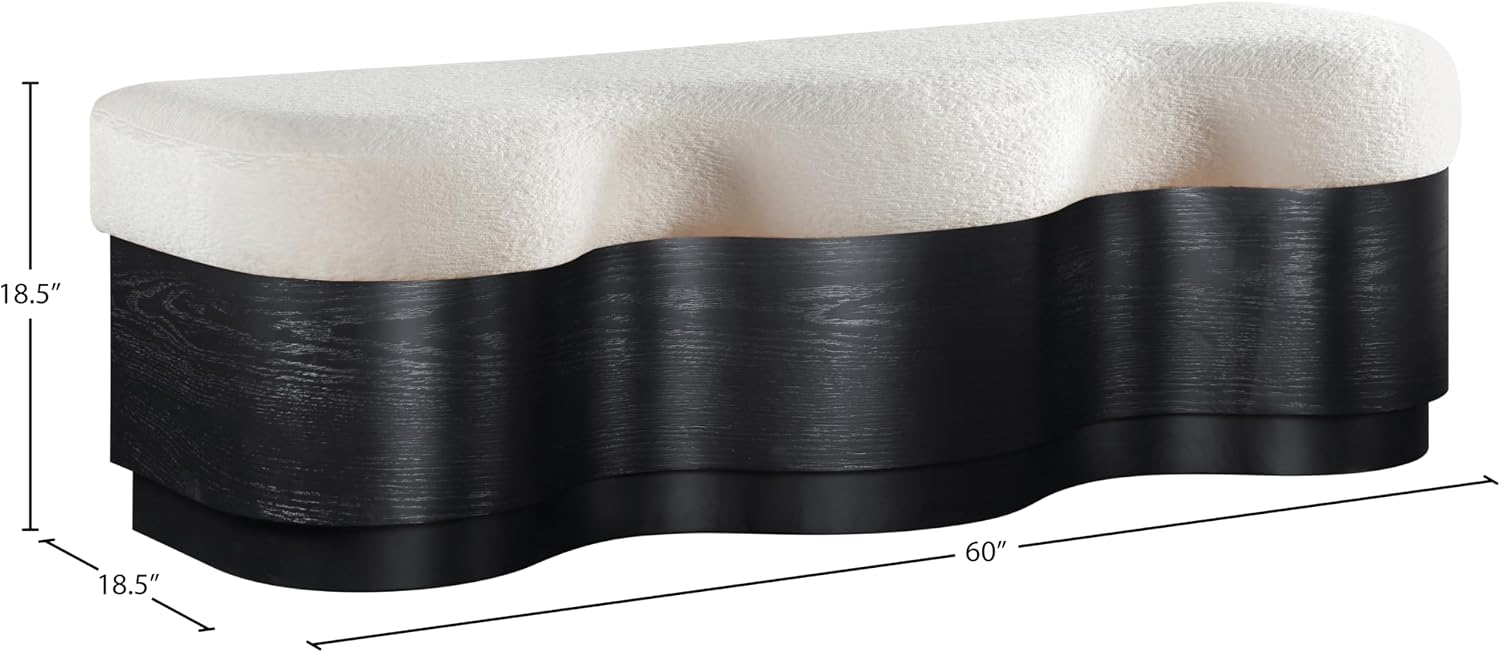 Meridian Furniture 22081Cream Savoy Collection Art Deco Bench with Soft Cream Velour Fur Fabric, Rich Black Finish, Mix of Solid Wood & MDF, 60' W x 18.5' D x 18.5' H, Cream