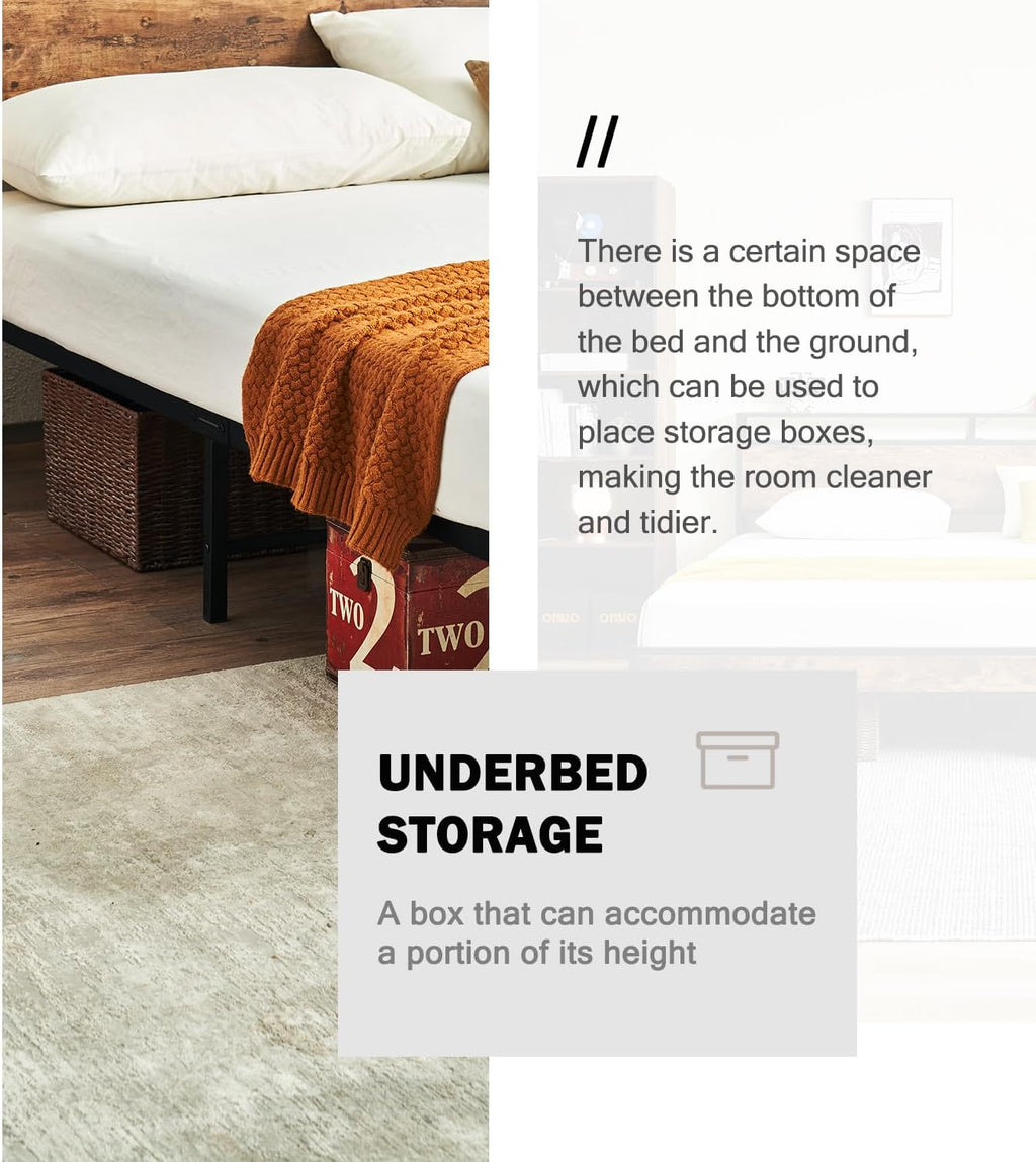 King Bed Frame with Headboard, Metal Platform Bed Frame King Size with Charging Station, 2-Tier Storage Headboard, No Box Spring Needed, Easy Assembly, Brown