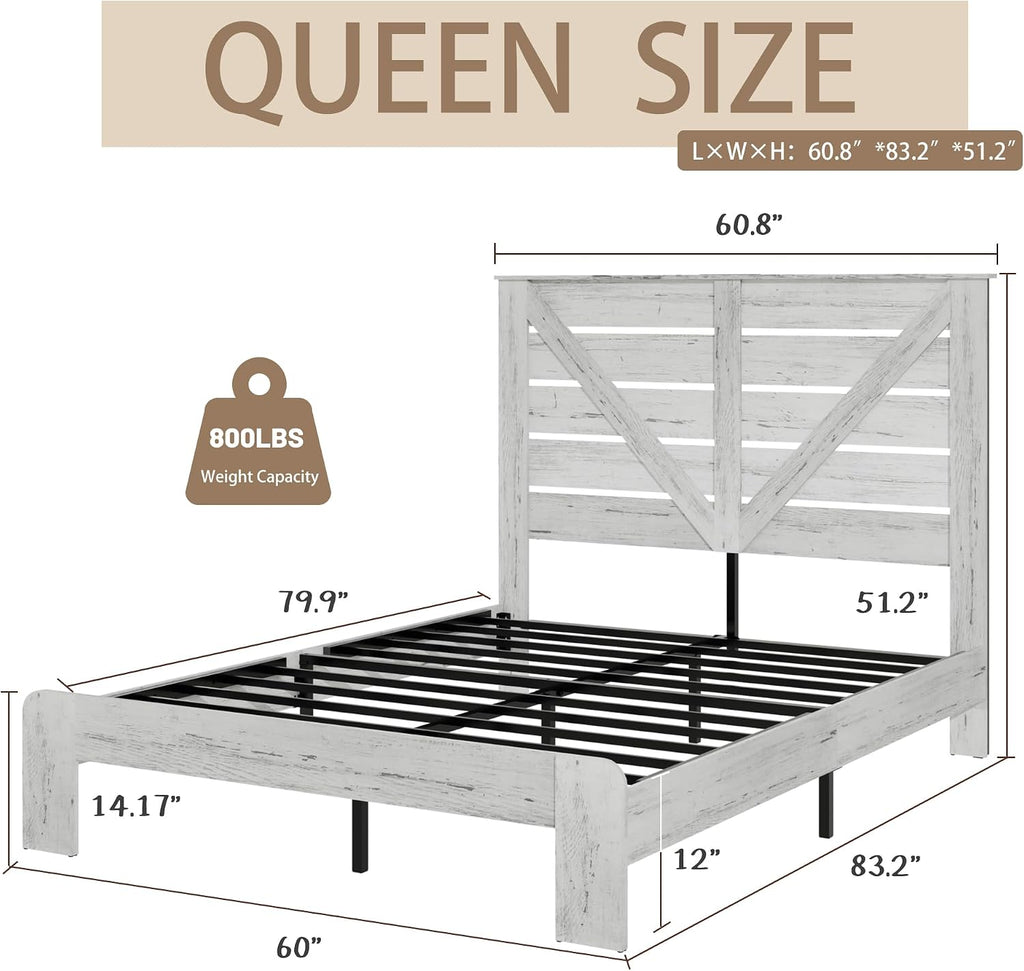 Queen Size Wooden Bed Frame with Headboard, Rustic Farmhouse Platform Bedframe with Metal Slat Support, Under Bed Storage Space, Easy Assembly, Noisy Free (Boho White, Queen)