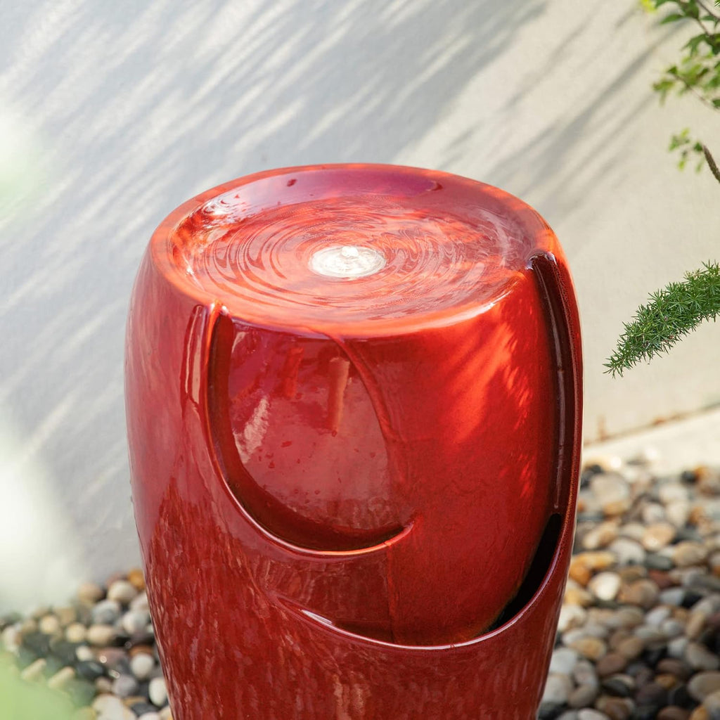 Glitzhome 21.25' H Ceramic Vase Outdoor Water Fountain Tall Patio Garden Water Fountain with LED Light and Submersible Pump Yard Art Decor, Red