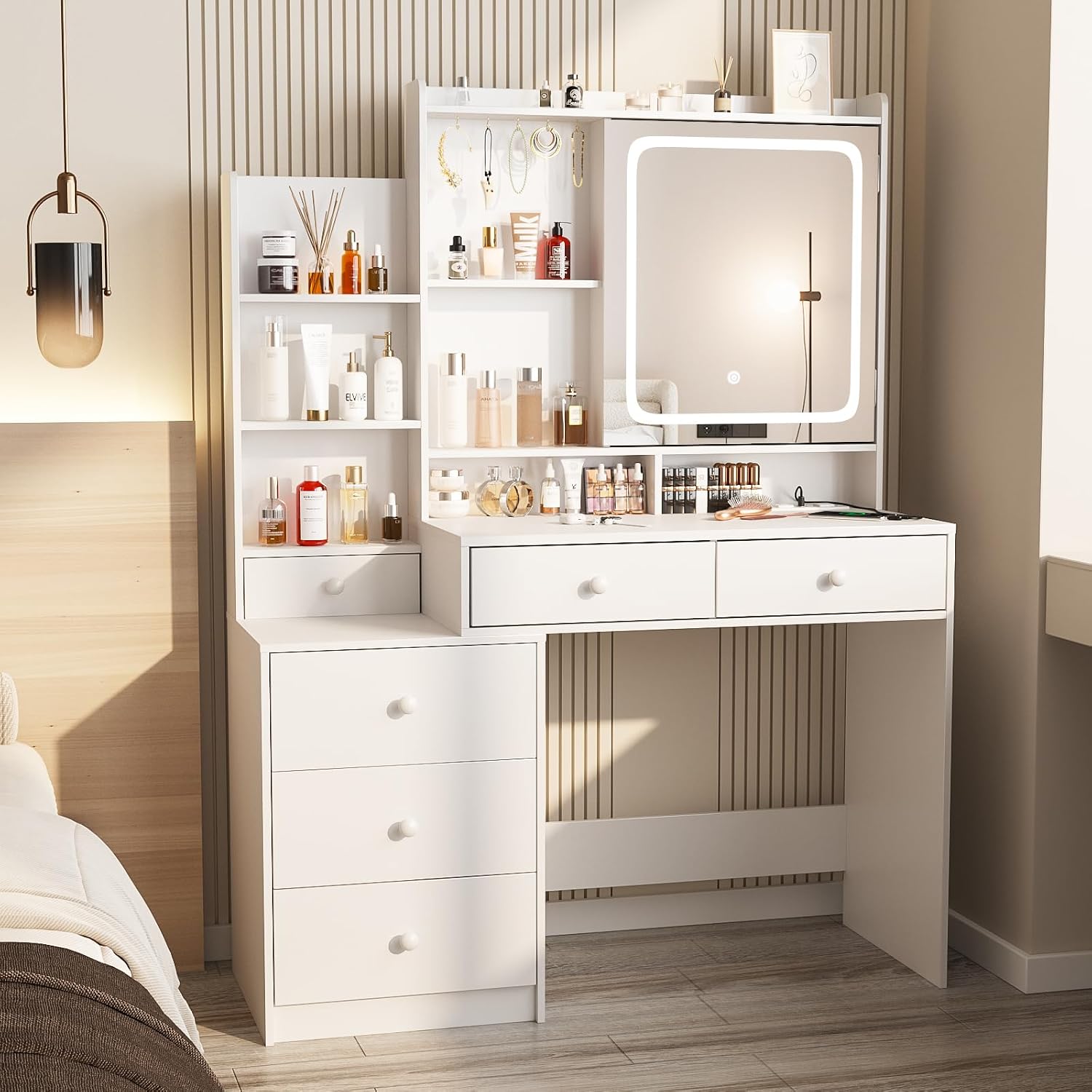 Vabches Vanity Desk with Mirror and Lights, Makeup Vanity with 6 Drawers and Shelves, Dressing Table with Power Outlet, Makeup Desk with Led Lighted Mirror in 3 Colors, for Bedroom, White