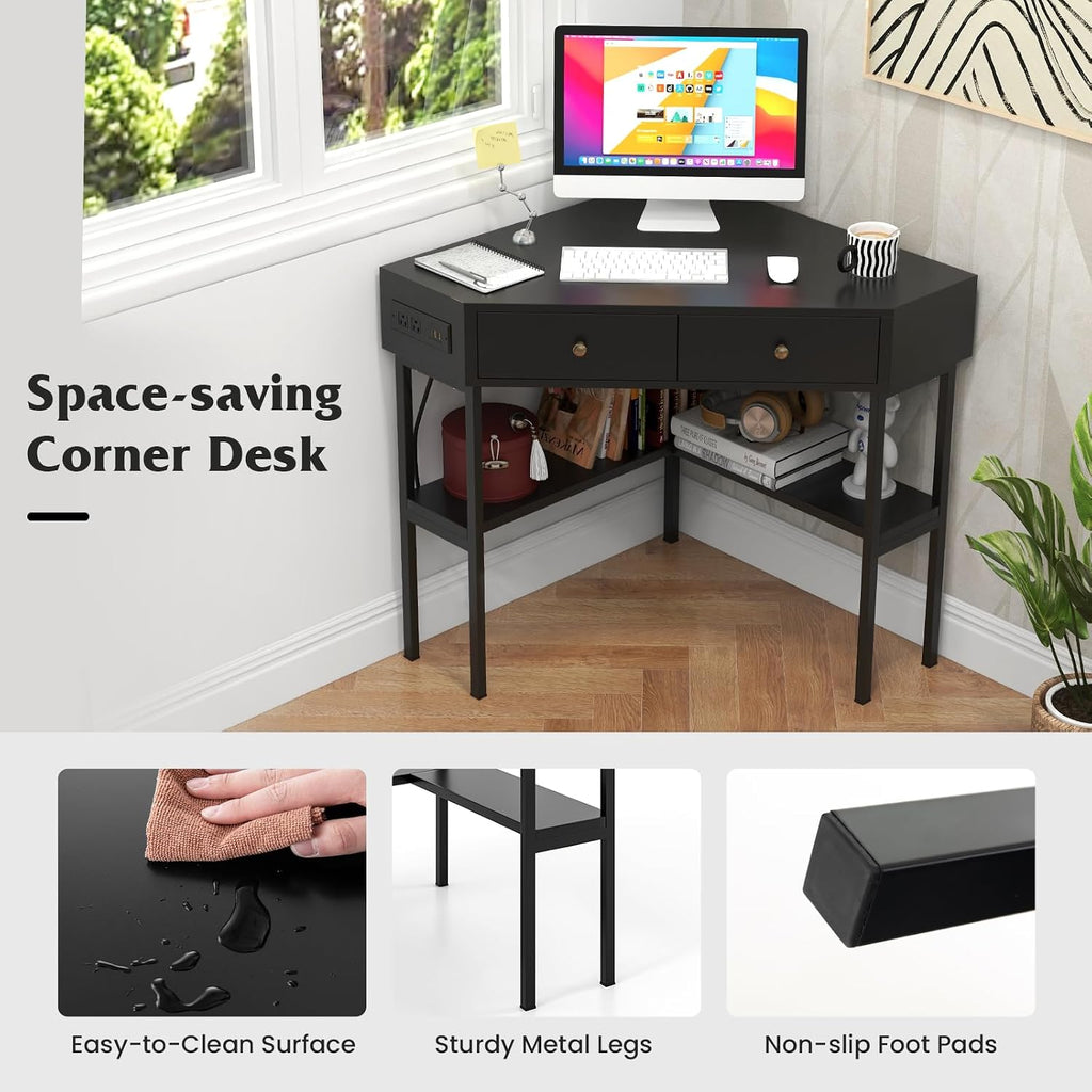 Corner Desk with Charging Station, 90° Triangle Desk w/ 2 Drawers, Storage Shelves, Corner Vanity Table for Bedroom, Compact Computer Desk for Small Space
