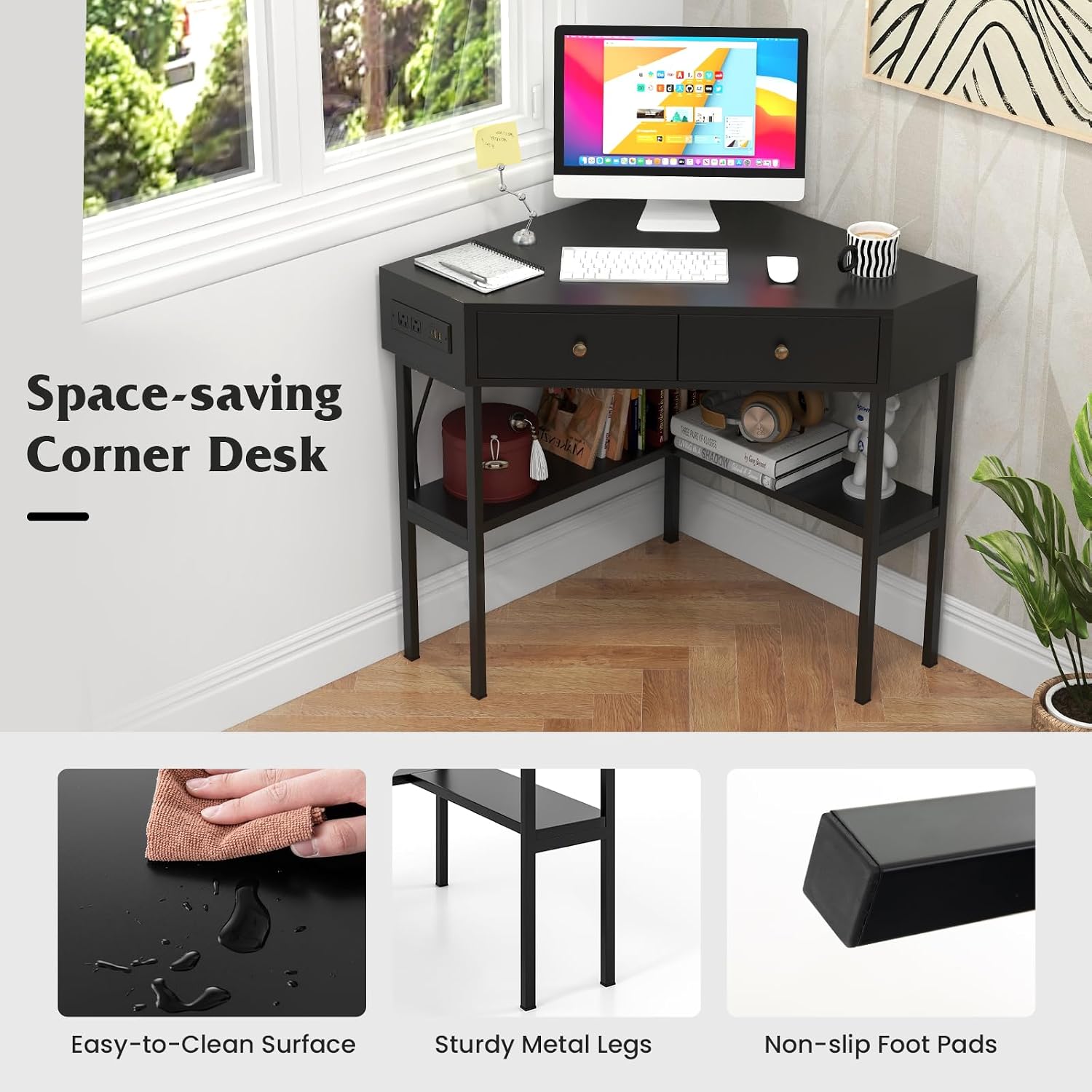 Corner Desk with Charging Station, 90° Triangle Desk w/ 2 Drawers, Storage Shelves, Corner Vanity Table for Bedroom, Compact Computer Desk for Small Space