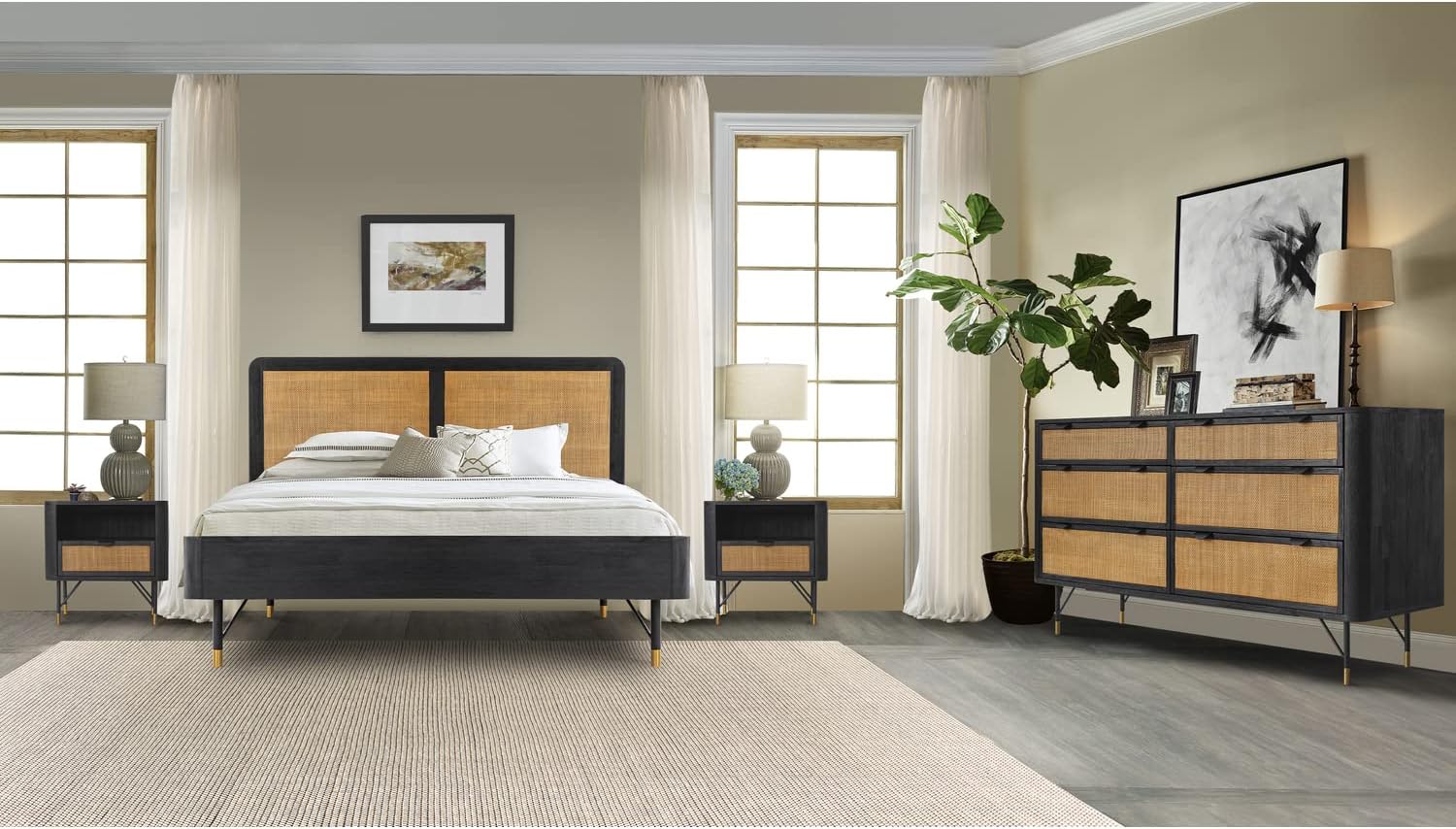 Armen Living Saratoga 4 Piece King Bedroom Set in Black Acacia Wood and Rattan