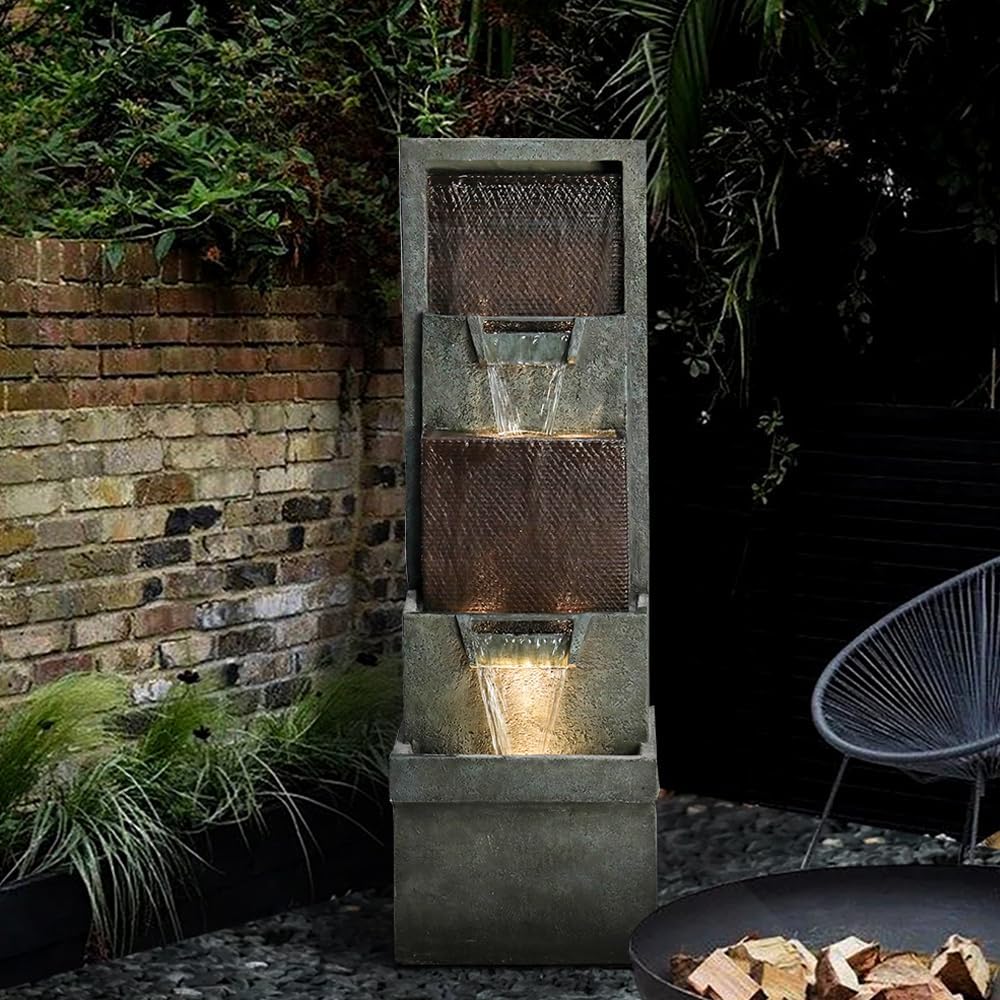 39.3' Outdoor Garden Water Fountain - Outdoor/Indoor Waterfall Floor-Standing Fountains with LED Lights for Yard, Floor Patio, Backyard and Home Art Deco