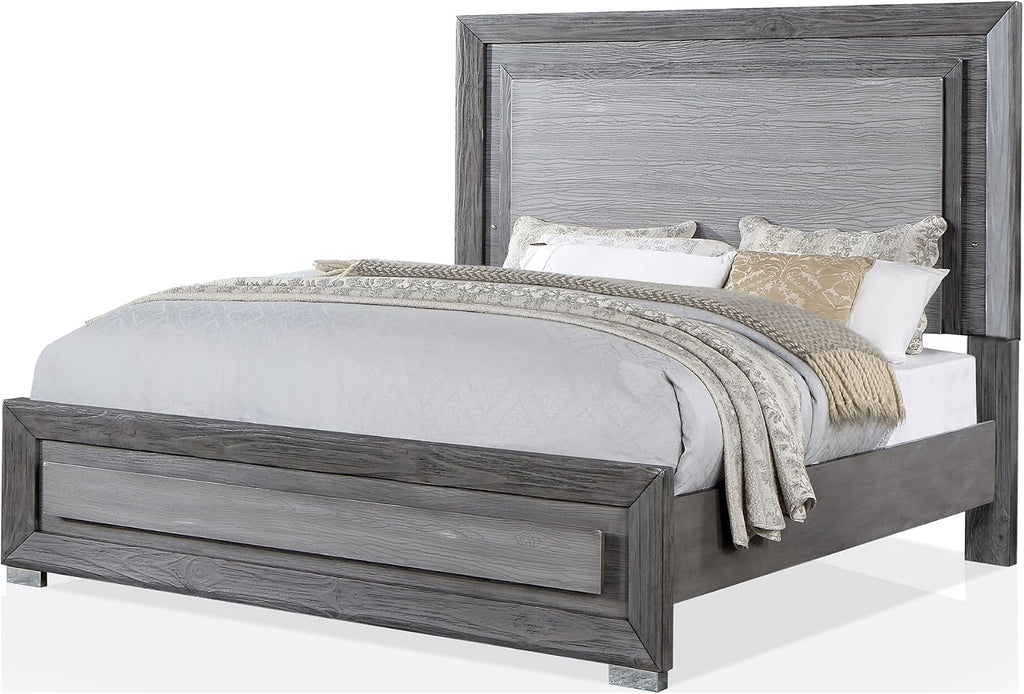 Furniture of America Isadora Transitional Solid Wood 3-Piece Bedroom Set, LED Light Bed and 2 Nightstands with USB Ports for Bedroom, Box Spring Required, California King, Gray