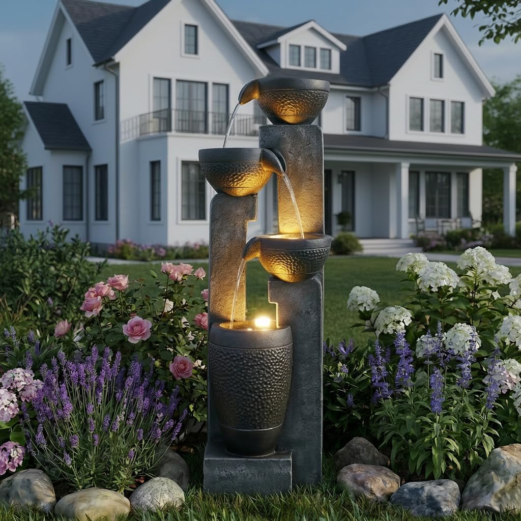Outdoor Garden Water Fountain-Indoor Polyresin Waterfall Floor-Standing Fountains with LED Lights for Garden, Patio, Deck, Porch, Yard Art Decor (40inch)