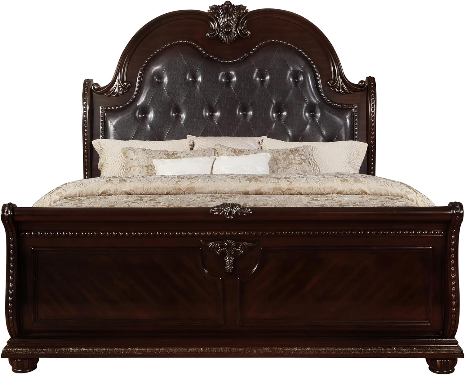 MASARA 3-Piece Cherry Wood Bedroom Set-King Bed with Faux Leather upholstered headboard + 2 Nightstands