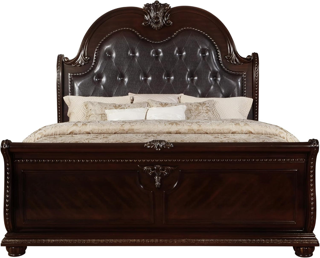 Generic Traditional Formal Classic 5pc Set King Size Faux Leather Upholstery Panel Bed Cherry Finish Marble Top Storage Pieces Solid Wood Furniture, Brown, HSB1600-K5pc