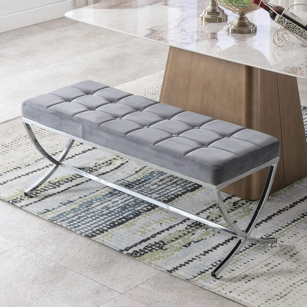 LukeAlon Modern Velvet Dining Bench, Button Tufted Ottoman Bench with X-Shape Chrome Finish Upholstered End of Bed Bench Comfy Entryway Bench for Bedroom Kitchen, Grey