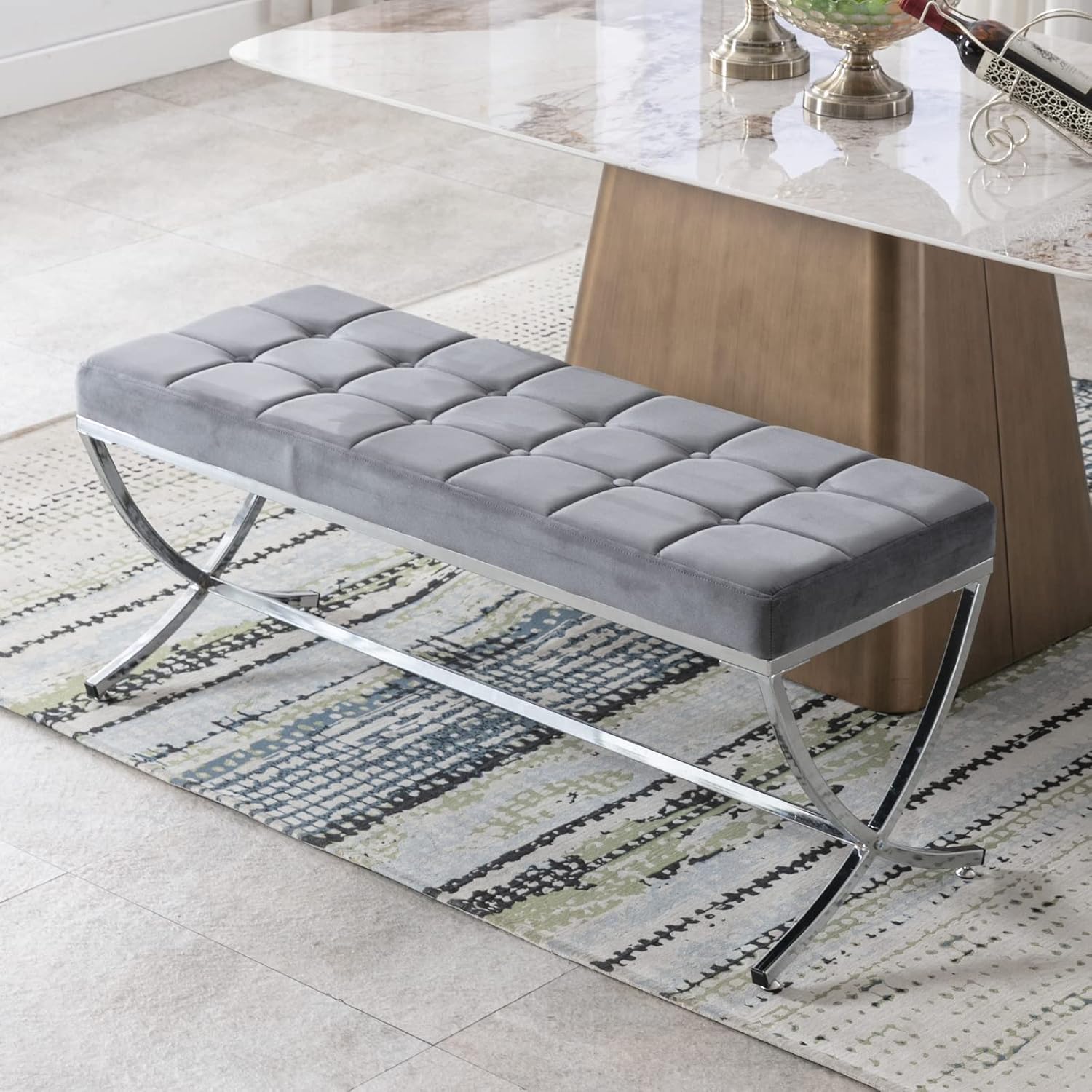 LukeAlon Modern Velvet Dining Bench, Button Tufted Ottoman Bench with X-Shape Chrome Finish Upholstered End of Bed Bench Comfy Entryway Bench for Bedroom Kitchen, Grey
