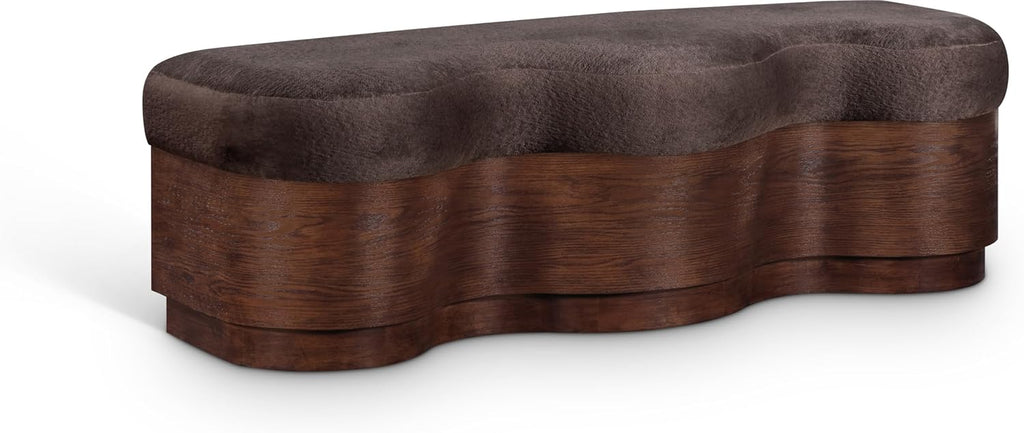 Meridian Furniture 22082Brown Savoy Collection Art Deco Bench with Soft Brown Velour Fur Fabric, Rich Brown Walnut Finish, Mix of Solid Wood & MDF, 60' W x 18.5' D x 18.5' H, Brown