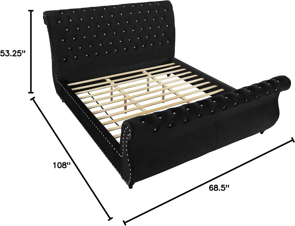 Evora Black Velvet Upholstered Crystal Button Tufted Sleigh Bed, Queen Size