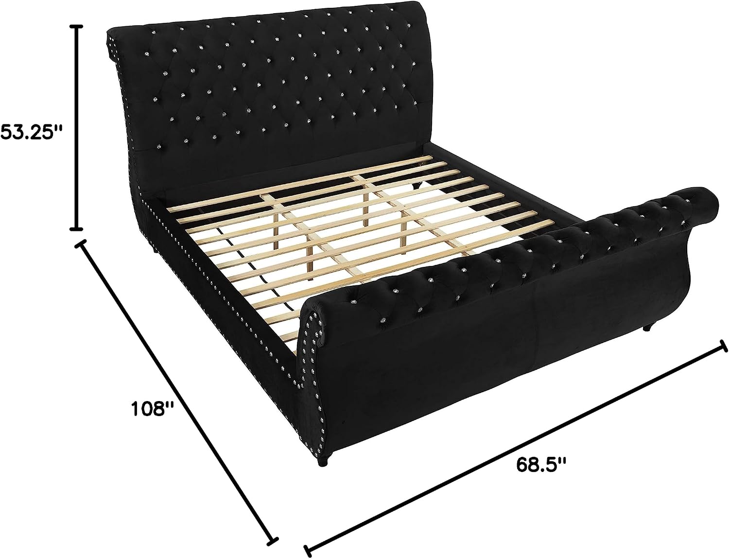 Evora Black Velvet Upholstered Crystal Button Tufted Sleigh Bed, Queen Size