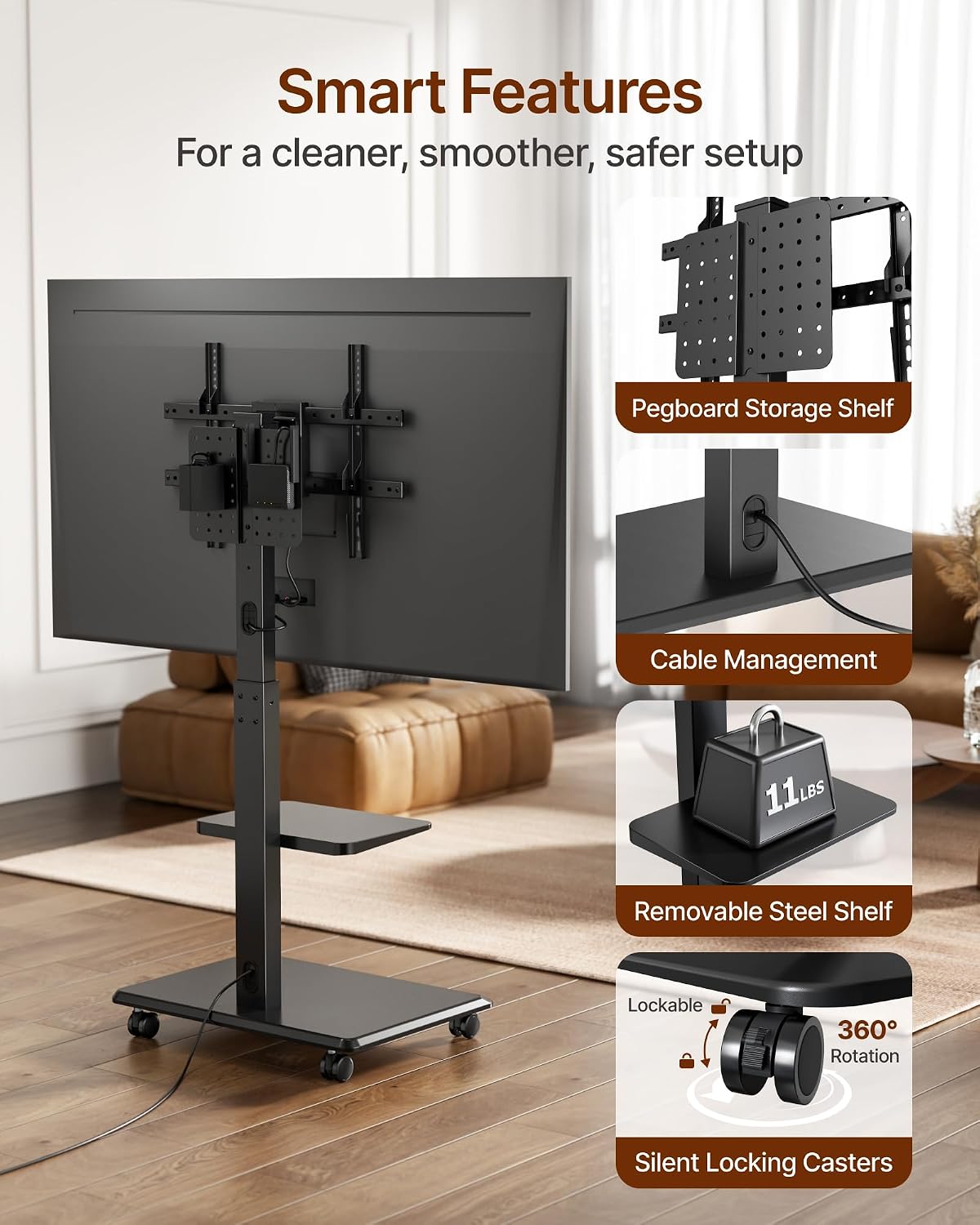 Steel Base Rolling TV Stand for 37-86 Inch TVs up to 110 lbs, Rotating & Tilt & Swivel Mobile TV Stand with Pegboard Storage Panel, Height Adjustable Portable TV Cart with Steel Shelf, Black