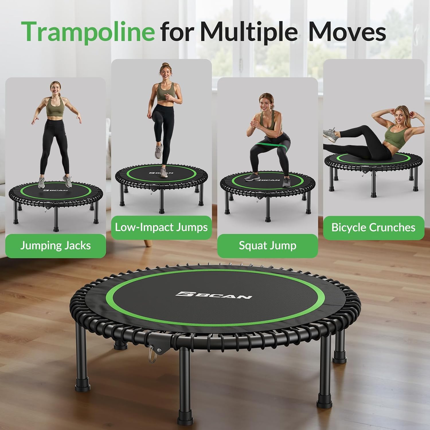 BCAN 450/550LBS Mini Rebounder Trampoline for Adults, 40'/48' Foldable Fitness Trampoline with Bungees, Quiet & Stable Exercise Trampoline Indoor/Home/Garden (BT2, Without Handle)